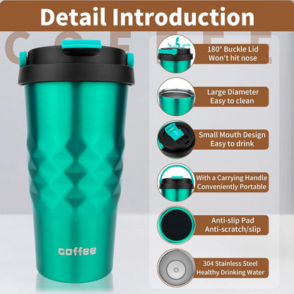 11 Oz Insulated Travel Coffee Mug - Green Reusable Cup With Lid, Spill Proof, Stainless Steel for Hot and Iced Cold Drinks