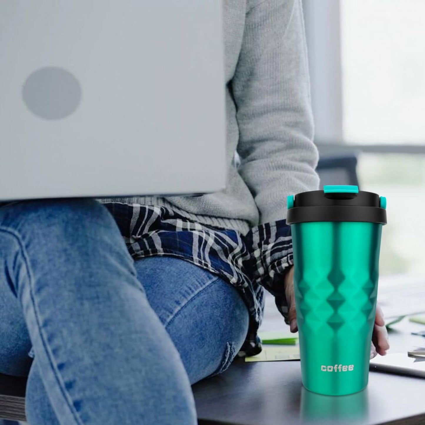 11 Oz Insulated Travel Coffee Mug - Green Reusable Cup With Lid, Spill Proof, Stainless Steel for Hot and Iced Cold Drinks