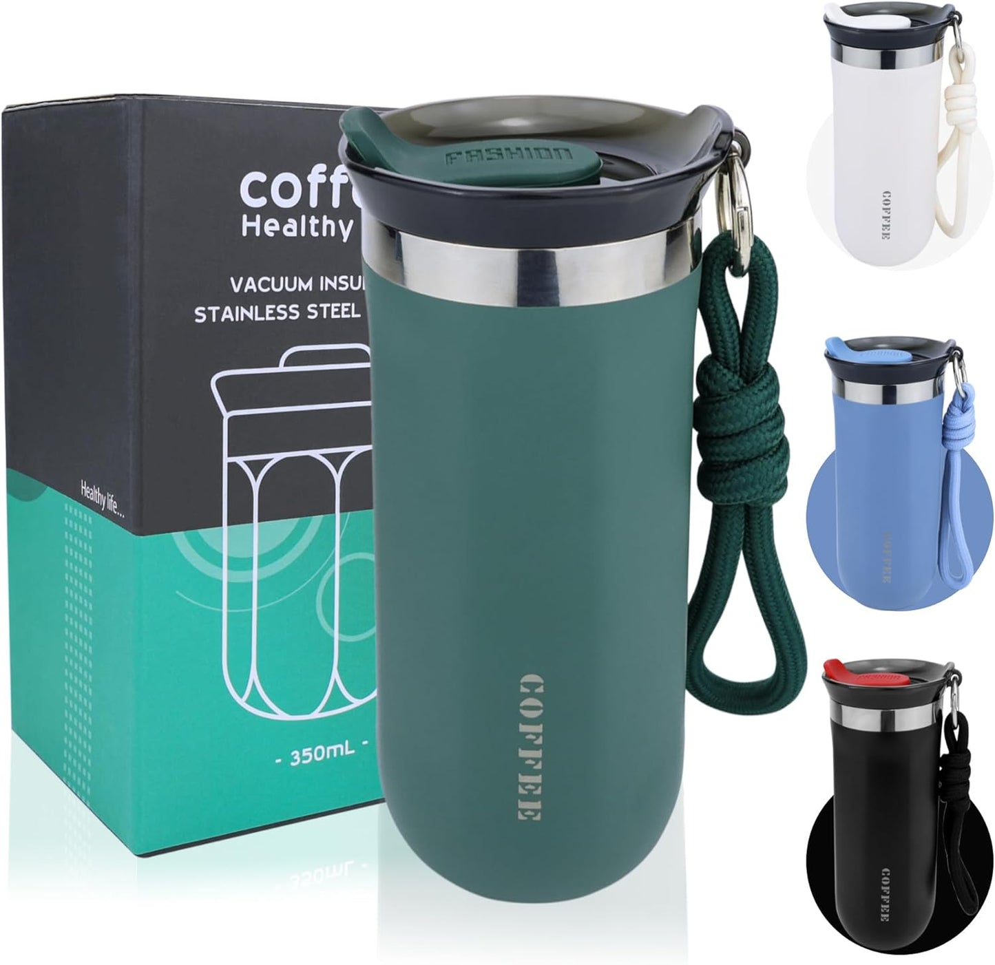 11 Oz Insulated Travel Coffee Mug - Green Reusable Cup With Lid, Spill Proof, Stainless Steel for Hot and Iced Cold Drinks
