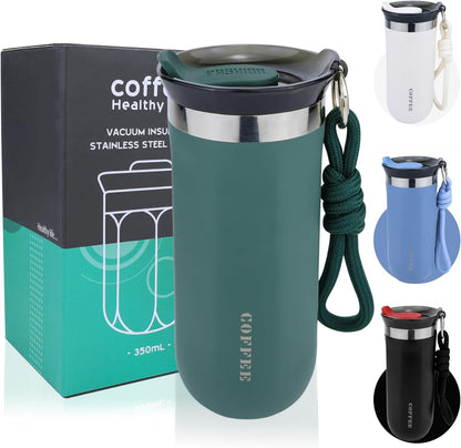 11 Oz Insulated Travel Coffee Mug - Green Reusable Cup With Lid, Spill Proof, Stainless Steel for Hot and Iced Cold Drinks