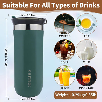 11 Oz Insulated Travel Coffee Mug - Green Reusable Cup With Lid, Spill Proof, Stainless Steel for Hot and Iced Cold Drinks