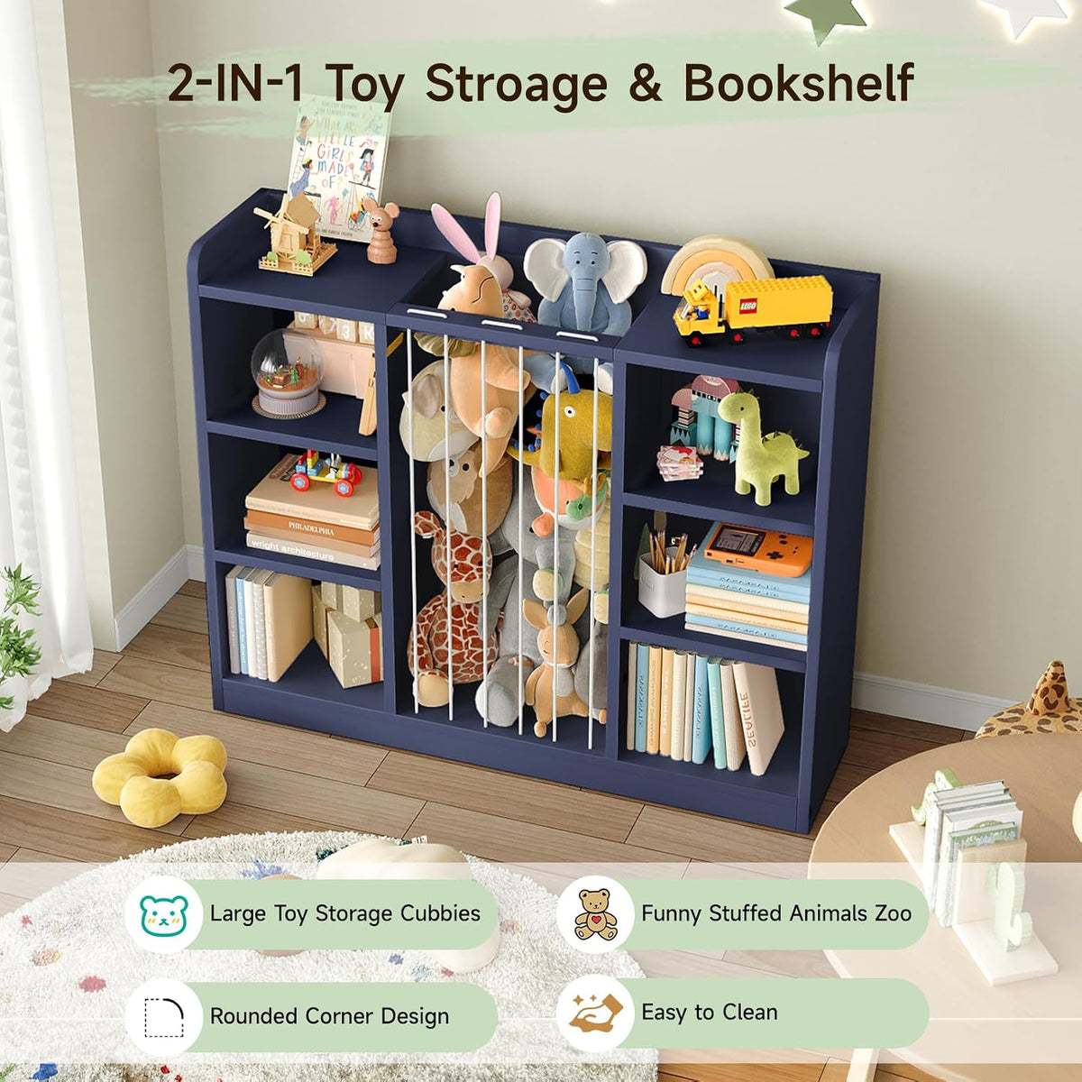 2-in-1 Toy & Stuffed Animal Organizer, Kids 6-Cube Storage Shelf with Rounded Corners & Anti-Tip for Playroom Bedroom