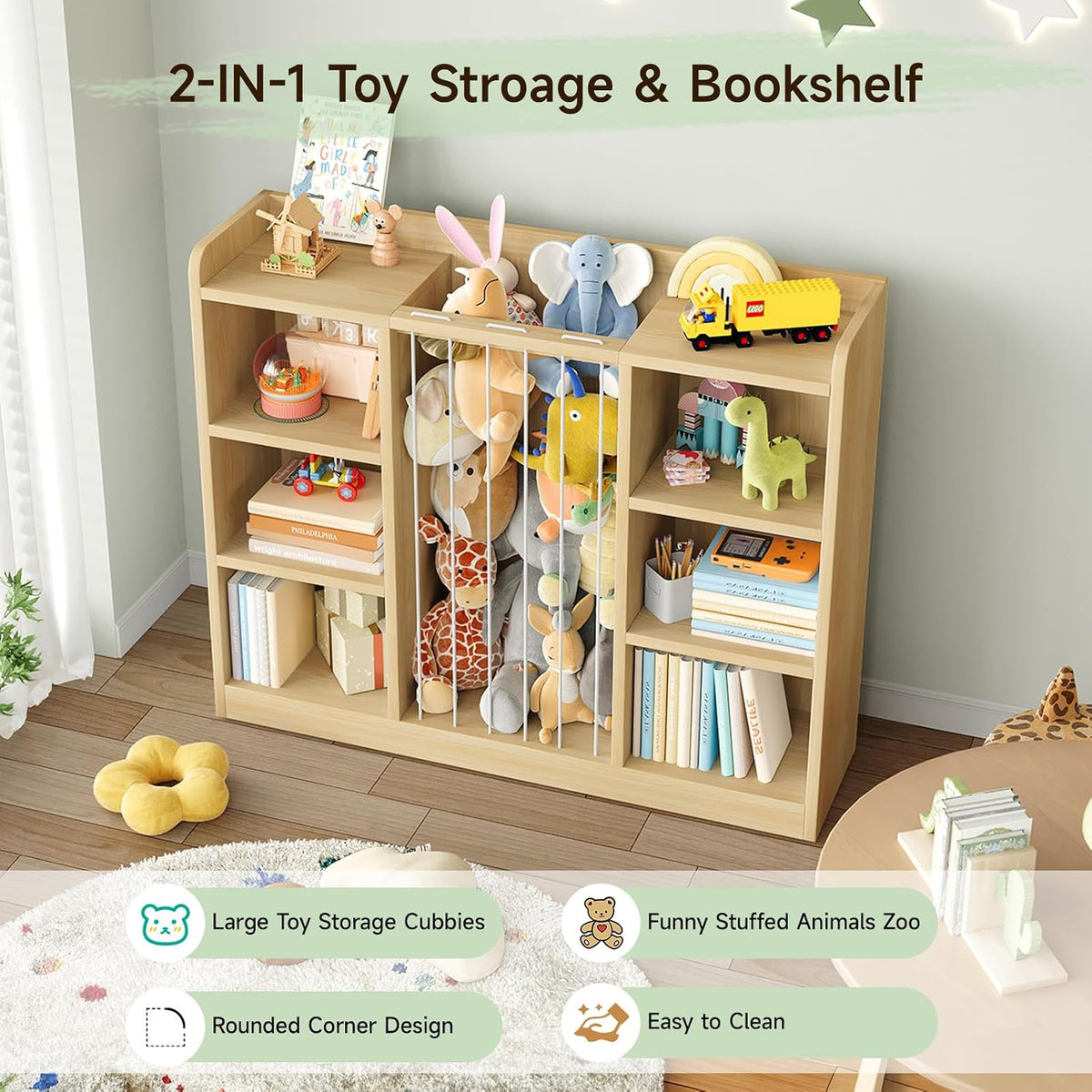 2-in-1 Toy & Stuffed Animal Organizer, Kids 6-Cube Storage Shelf with Rounded Corners & Anti-Tip for Playroom Bedroom