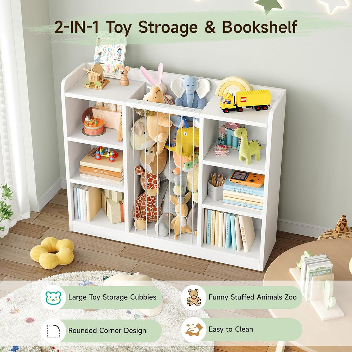 2-in-1 Toy & Stuffed Animal Organizer, Kids 6-Cube Storage Shelf with Rounded Corners & Anti-Tip for Playroom Bedroom