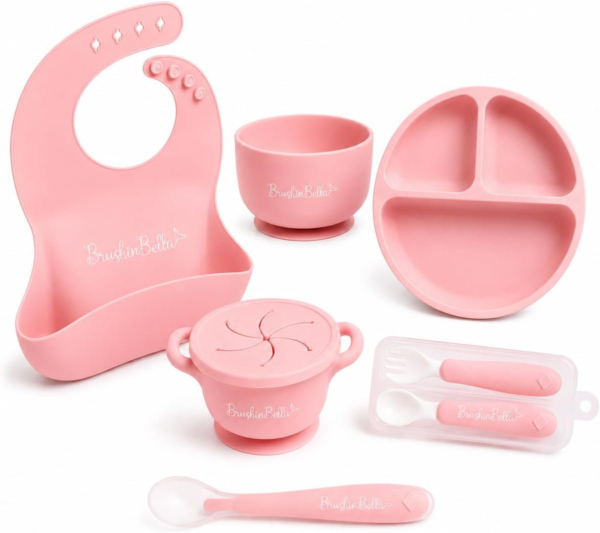 Baby Feeding Supplies - Complete Baby Feeding Set with Baby Plate, Baby Spoons First Stage, Silicone Bib and Snack Cup - Infant Eating Utensils and Baby Bowl with Suction