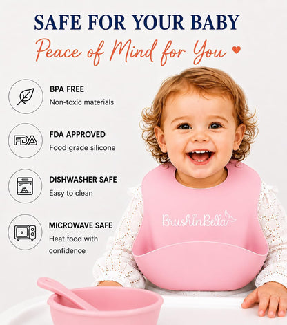 Baby Feeding Supplies - Complete Baby Feeding Set with Baby Plate, Baby Spoons First Stage, Silicone Bib and Snack Cup - Infant Eating Utensils and Baby Bowl with Suction