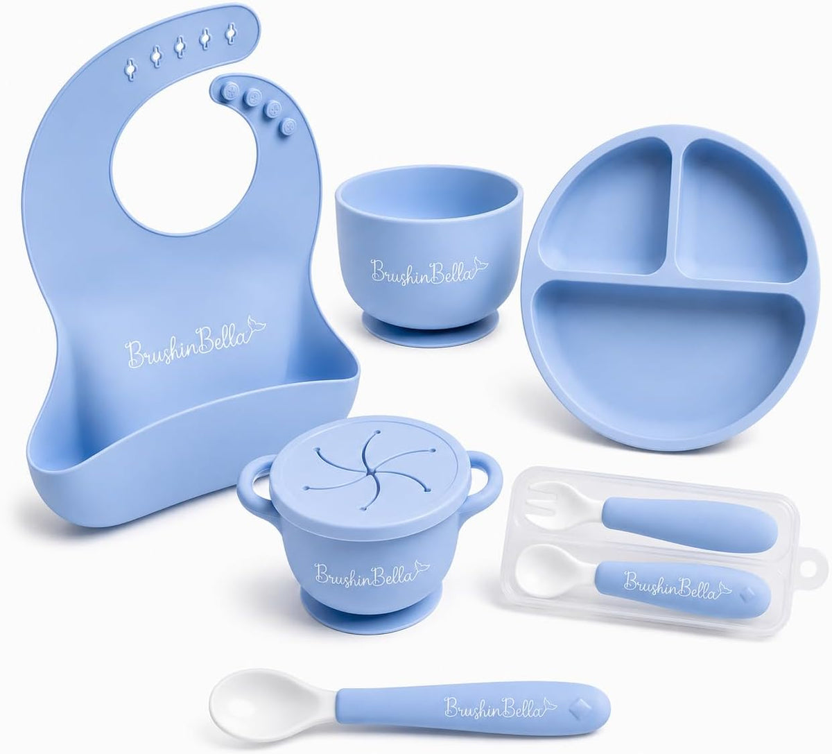 Baby Feeding Supplies - Complete Baby Feeding Set with Baby Plate, Baby Spoons First Stage, Silicone Bib and Snack Cup - Infant Eating Utensils and Baby Bowl with Suction