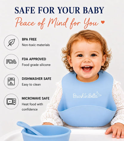 Baby Feeding Supplies - Complete Baby Feeding Set with Baby Plate, Baby Spoons First Stage, Silicone Bib and Snack Cup - Infant Eating Utensils and Baby Bowl with Suction