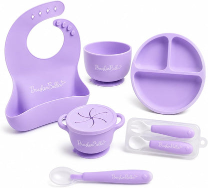 Baby Feeding Supplies - Complete Baby Feeding Set with Baby Plate, Baby Spoons First Stage, Silicone Bib and Snack Cup - Infant Eating Utensils and Baby Bowl with Suction