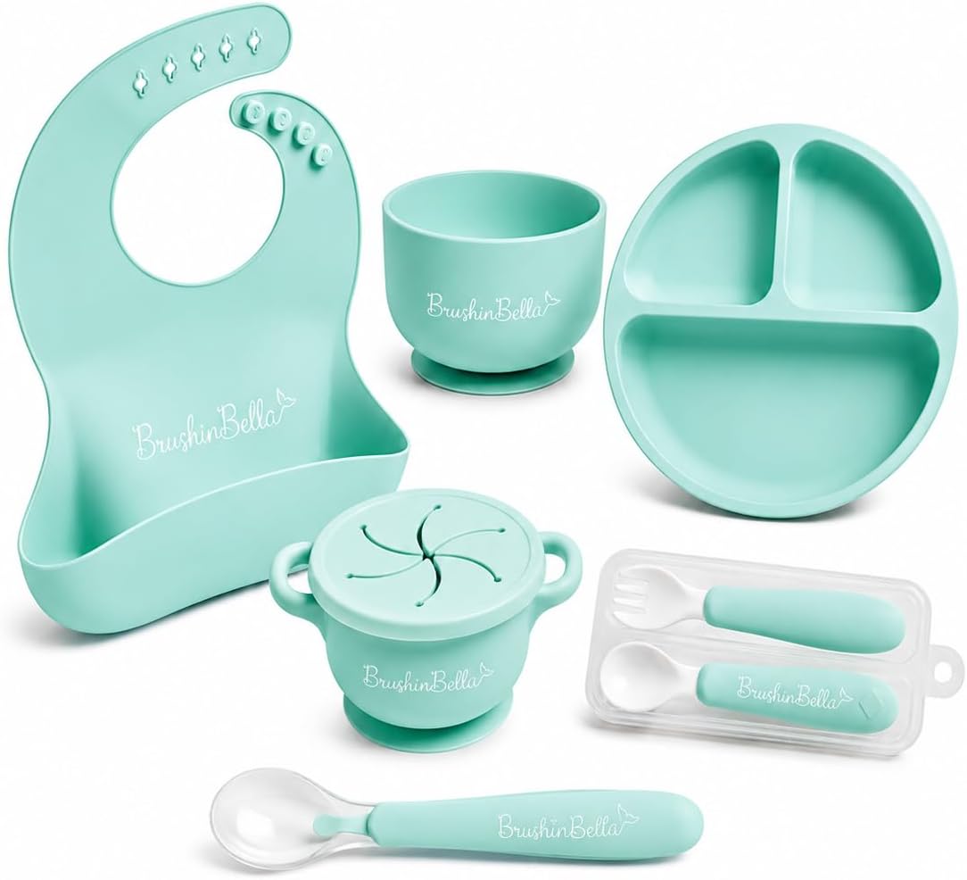 Baby Feeding Supplies - Complete Baby Feeding Set with Baby Plate, Baby Spoons First Stage, Silicone Bib and Snack Cup - Infant Eating Utensils and Baby Bowl with Suction