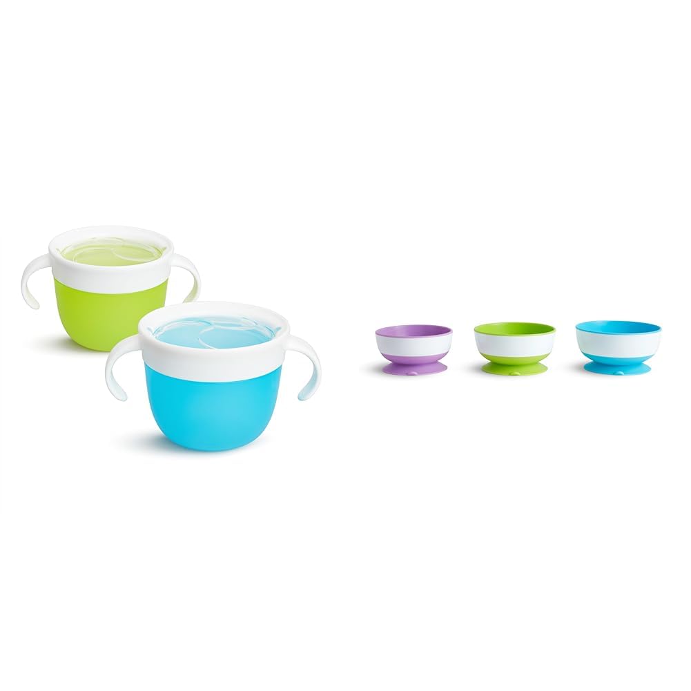 ® Snack™ Catcher Toddler Snack Cups, 2 Pack, Blue/Green & Stay Put™ Suction Bowls for Babies and Toddlers, 3 Pack, Blue/Green/Purple