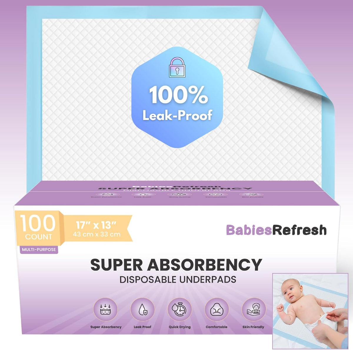 17” x 13", Baby Changing Pad, Disposable Underpads, Leakproof Quick Drying for Multi-use for Babies, Puppy Pads and Adults, Chucks, Disposable Diaper Changing Pad for Baby, Blue, Small