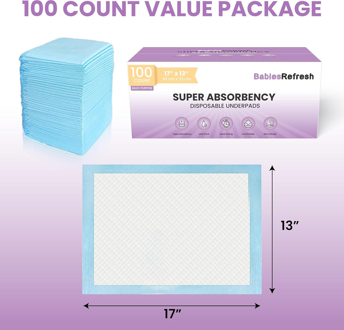 17” x 13", Baby Changing Pad, Disposable Underpads, Leakproof Quick Drying for Multi-use for Babies, Puppy Pads and Adults, Chucks, Disposable Diaper Changing Pad for Baby, Blue, Small