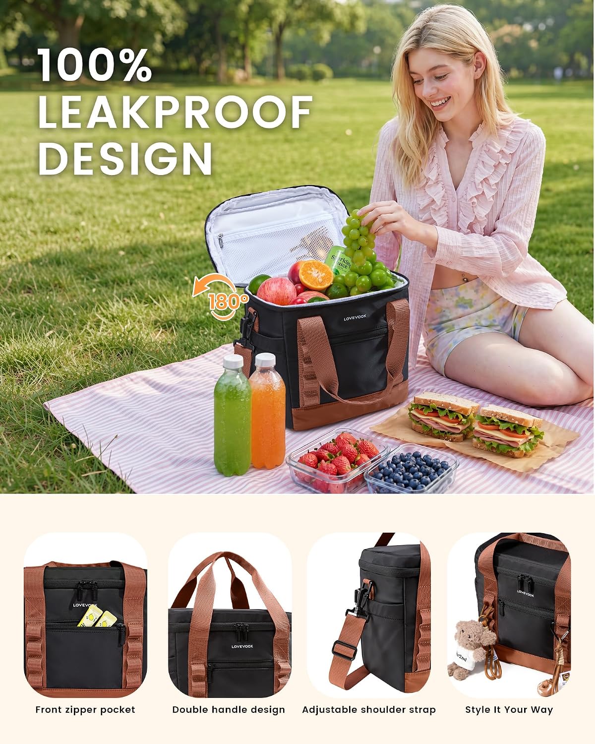 Insulated Lunch Bag for Women men, Large Leakproof Adult Lunch Box | 180° Wide Opening, Fits 40oz Cup, Heat-Sealed Leakproof, 4-Layer Thermal Insulation, Multi-Functional DIY Webbing