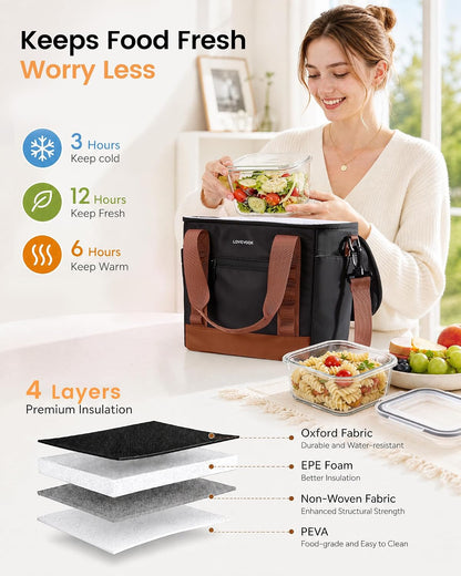 Insulated Lunch Bag for Women men, Large Leakproof Adult Lunch Box | 180° Wide Opening, Fits 40oz Cup, Heat-Sealed Leakproof, 4-Layer Thermal Insulation, Multi-Functional DIY Webbing