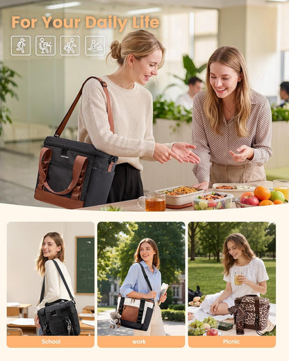 Insulated Lunch Bag for Women men, Large Leakproof Adult Lunch Box | 180° Wide Opening, Fits 40oz Cup, Heat-Sealed Leakproof, 4-Layer Thermal Insulation, Multi-Functional DIY Webbing
