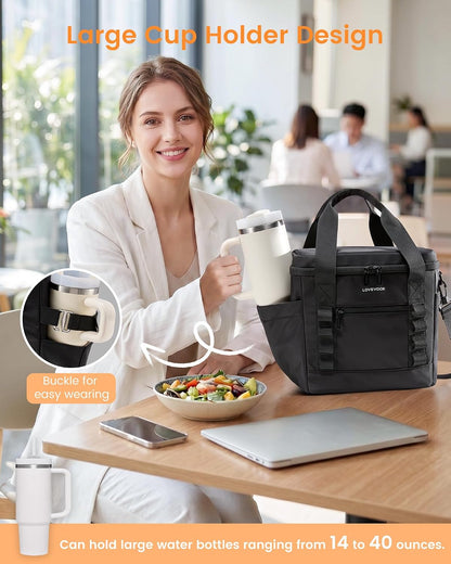 Insulated Lunch Bag for Women men, Large Leakproof Adult Lunch Box | 180° Wide Opening, Fits 40oz Cup, Heat-Sealed Leakproof, 4-Layer Thermal Insulation, Multi-Functional DIY Webbing