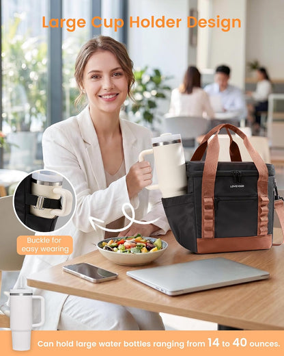 Insulated Lunch Bag for Women men, Large Leakproof Adult Lunch Box | 180° Wide Opening, Fits 40oz Cup, Heat-Sealed Leakproof, 4-Layer Thermal Insulation, Multi-Functional DIY Webbing