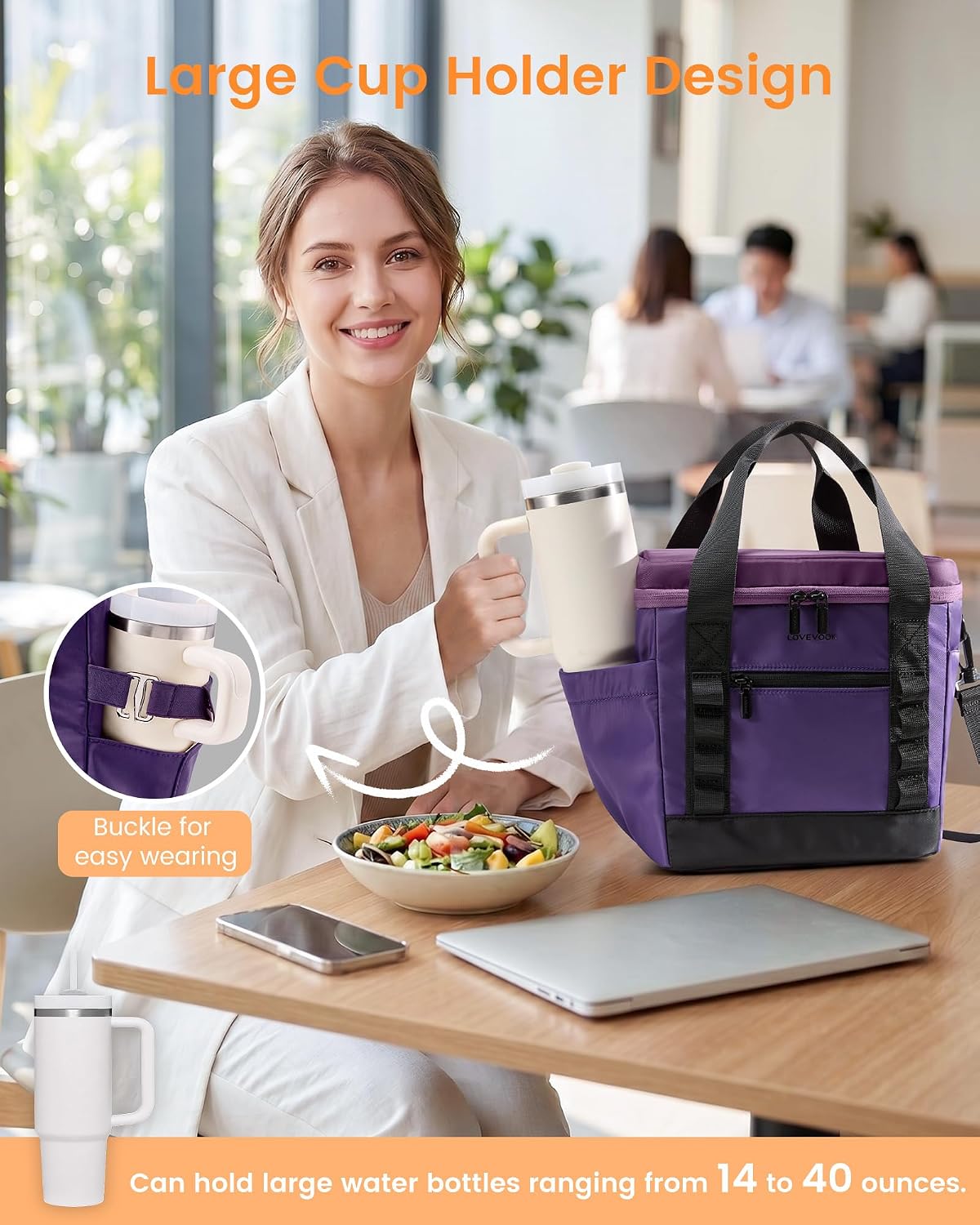 Insulated Lunch Bag for Women men, Large Leakproof Adult Lunch Box | 180° Wide Opening, Fits 40oz Cup, Heat-Sealed Leakproof, 4-Layer Thermal Insulation, Multi-Functional DIY Webbing