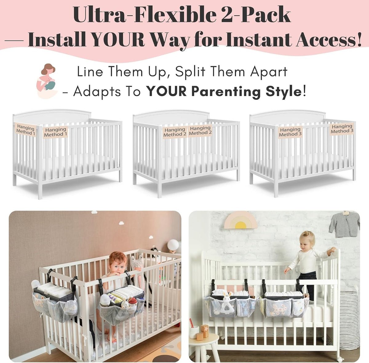 2-Pack Diaper Caddy Organizer for Crib With Snap Buckle