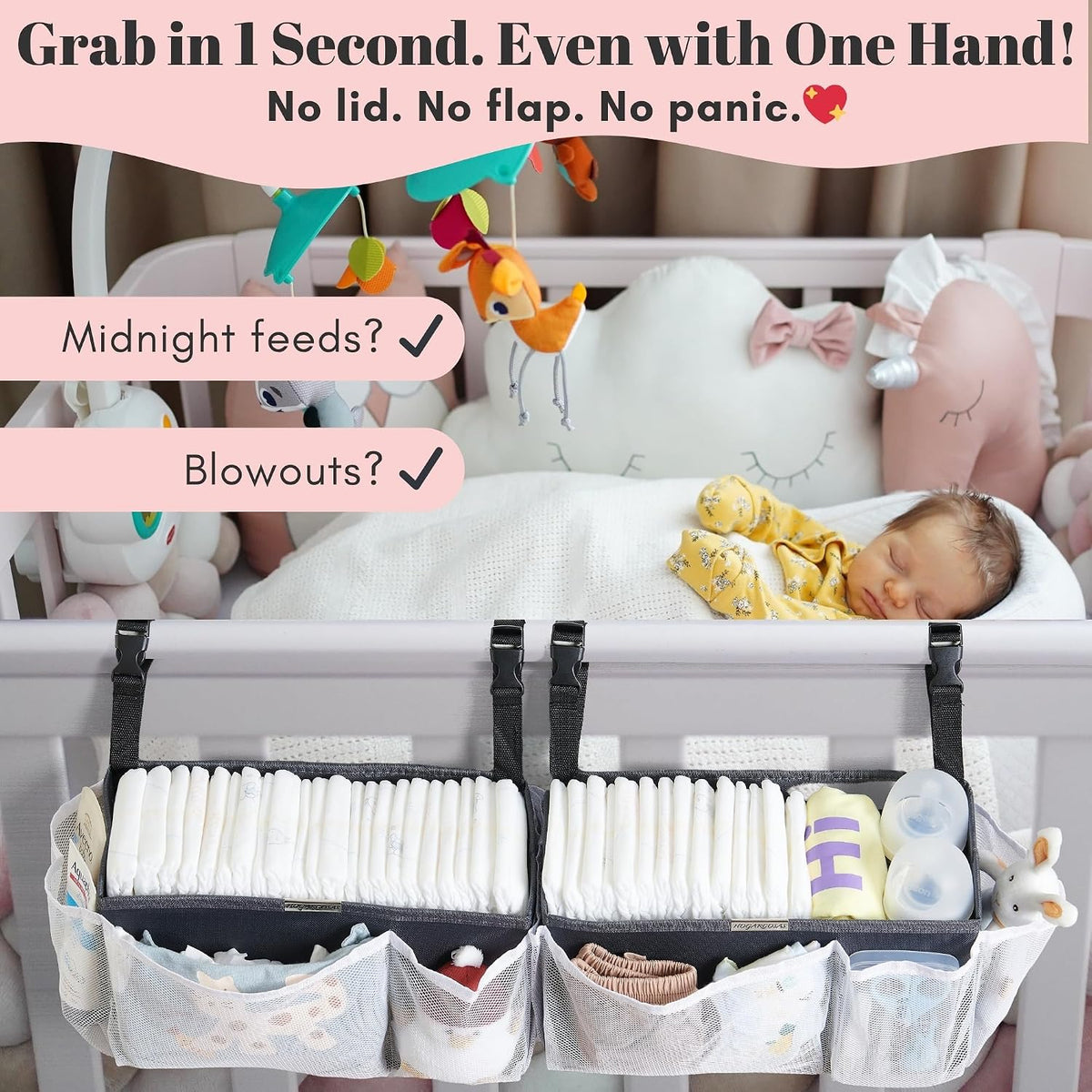 2-Pack Diaper Caddy Organizer for Crib With Snap Buckle