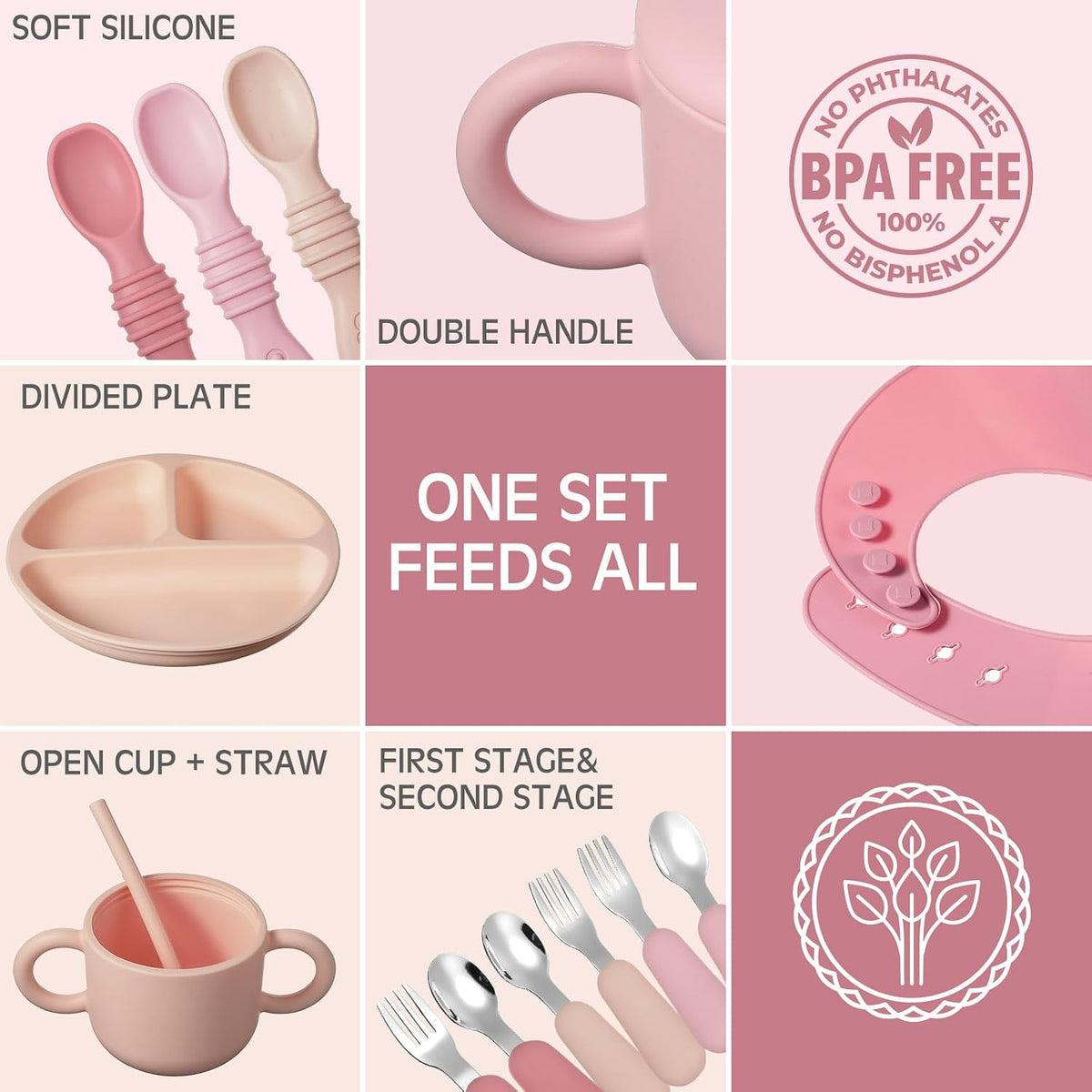 24 Pack Silicone Baby Feeding Set Baby LED Weaning Set, Lavender