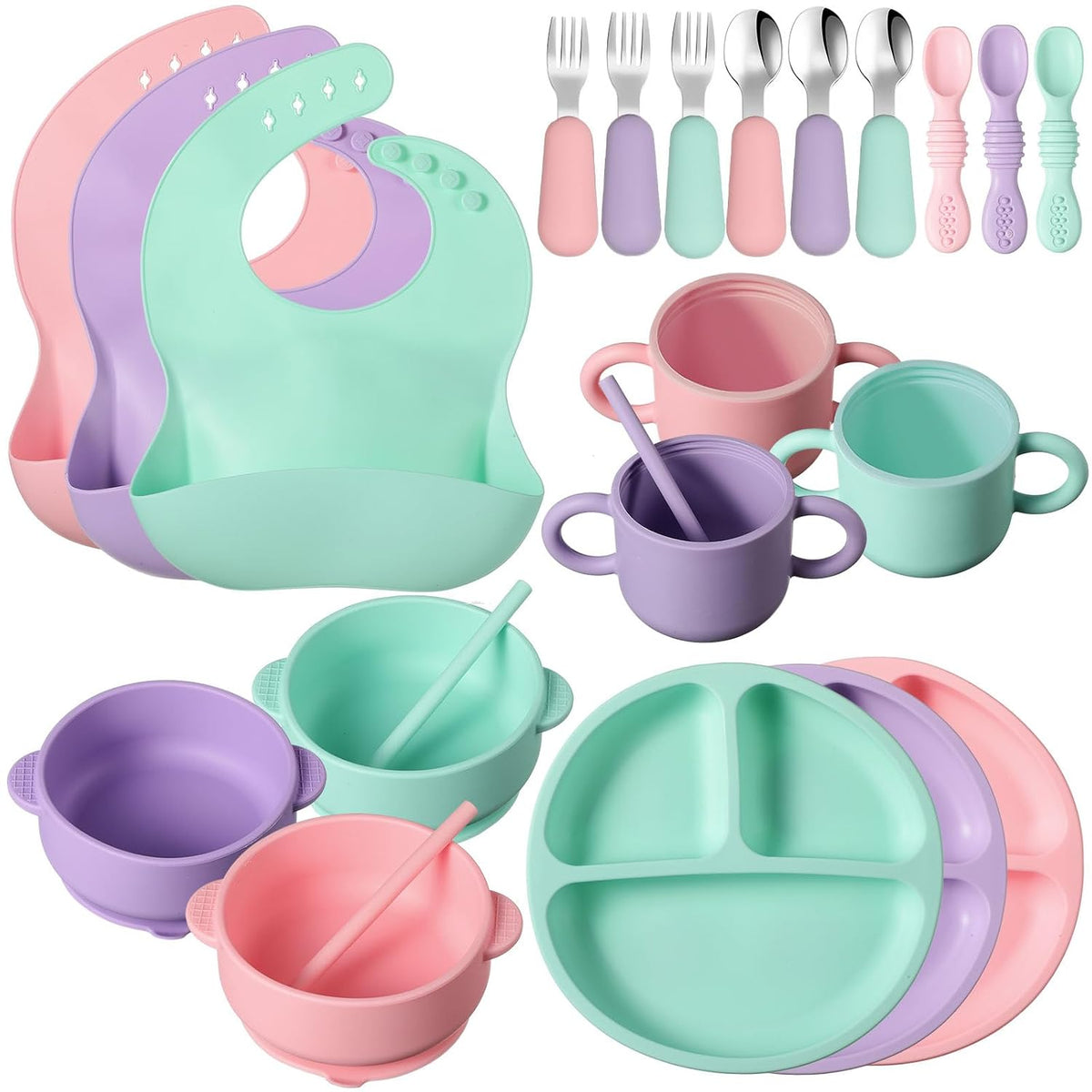 24 Pack Silicone Baby Feeding Set Baby LED Weaning Set, Lavender