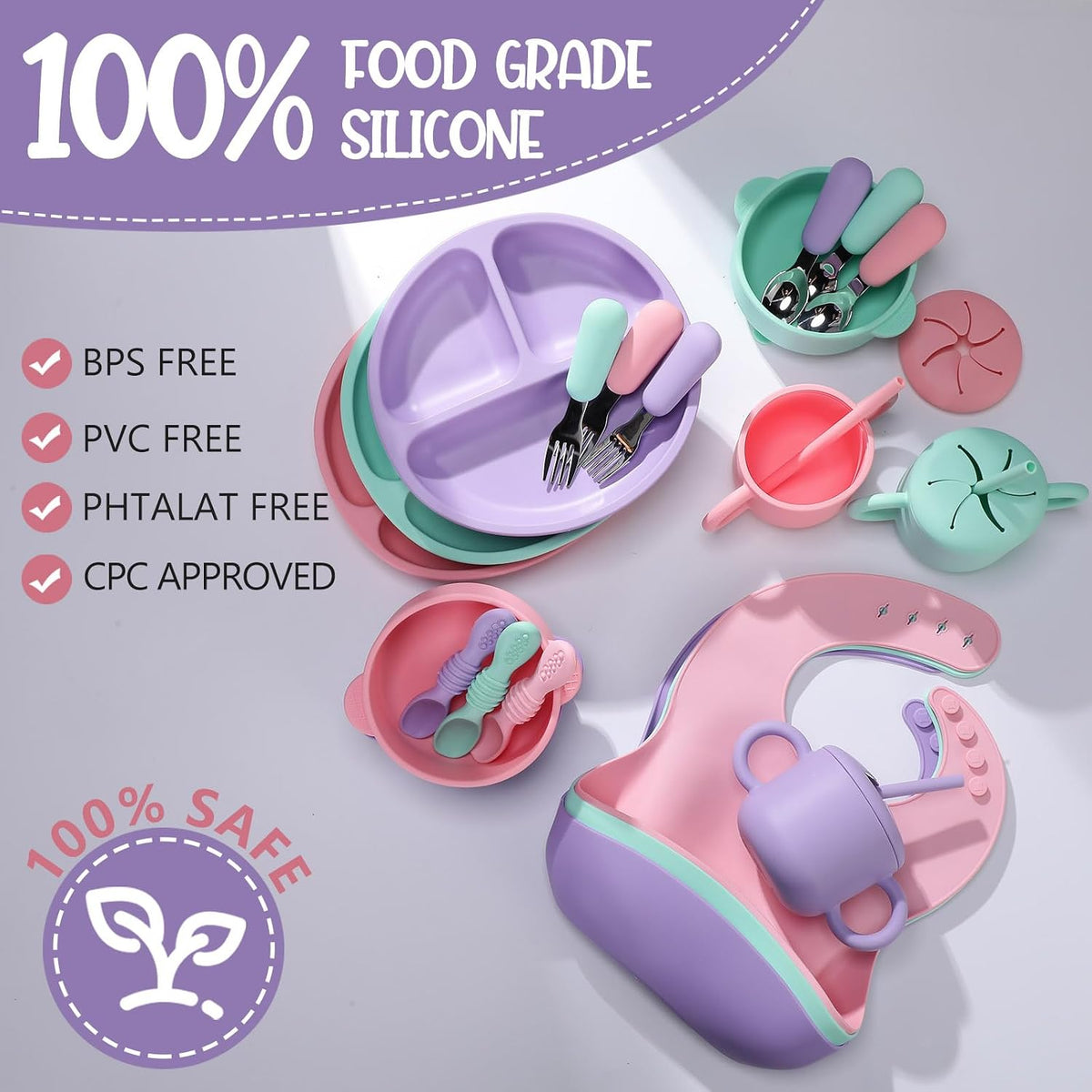 24 Pack Silicone Baby Feeding Set Baby LED Weaning Set, Lavender