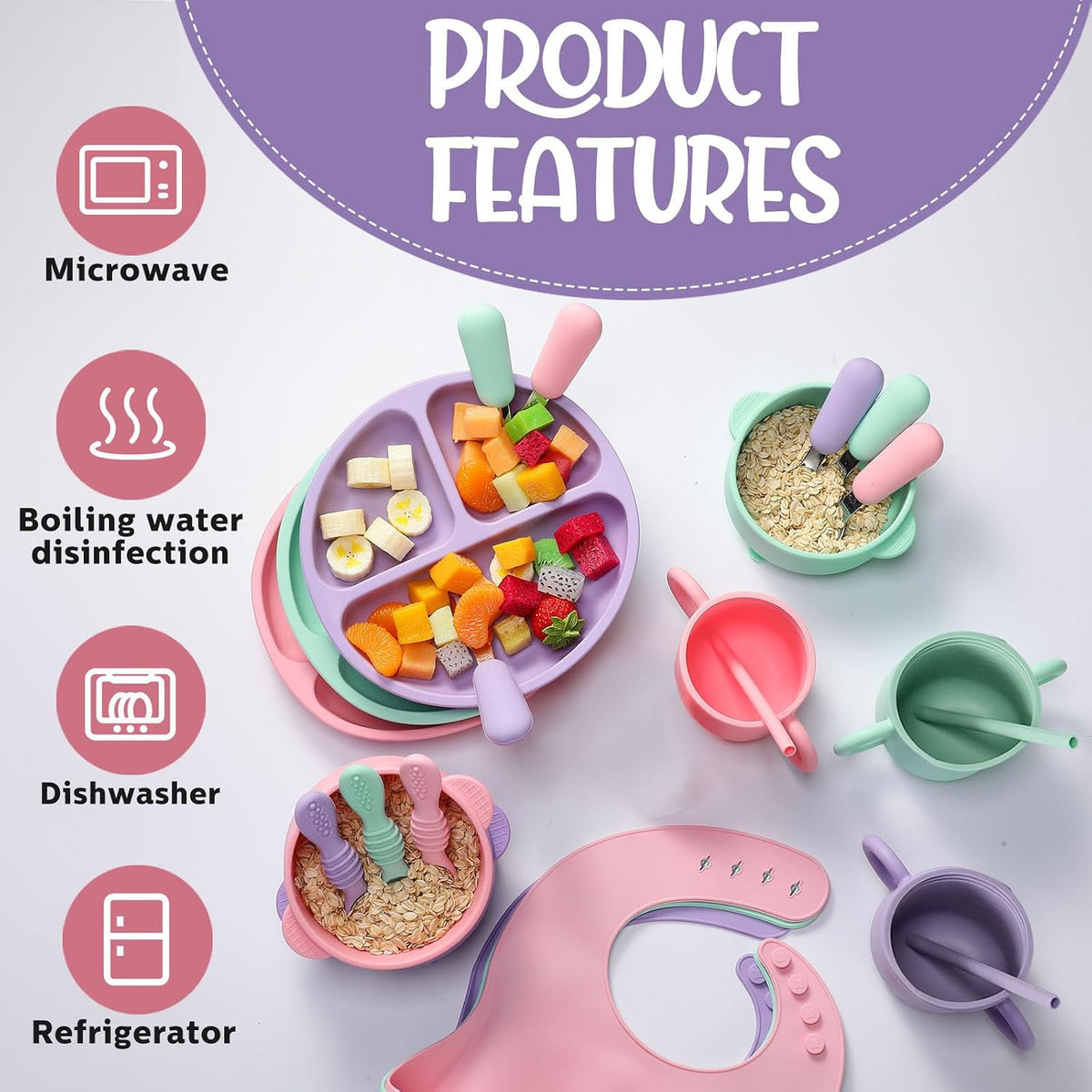 24 Pack Silicone Baby Feeding Set Baby LED Weaning Set, Lavender