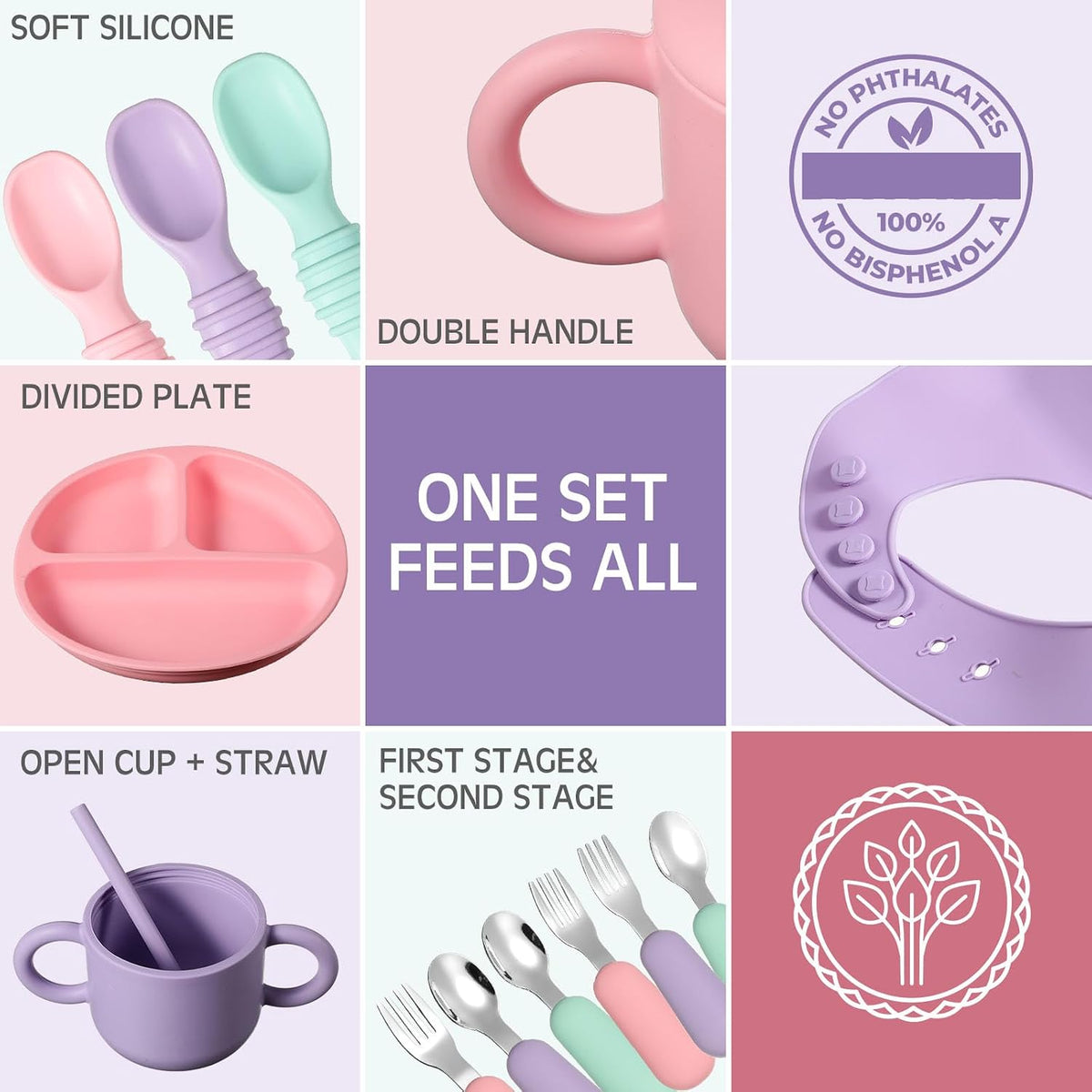24 Pack Silicone Baby Feeding Set Baby LED Weaning Set, Lavender