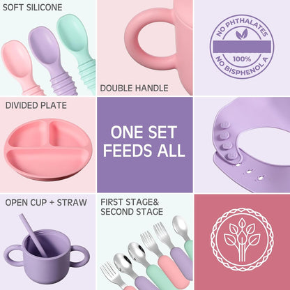 24 Pack Silicone Baby Feeding Set Baby LED Weaning Set, Lavender