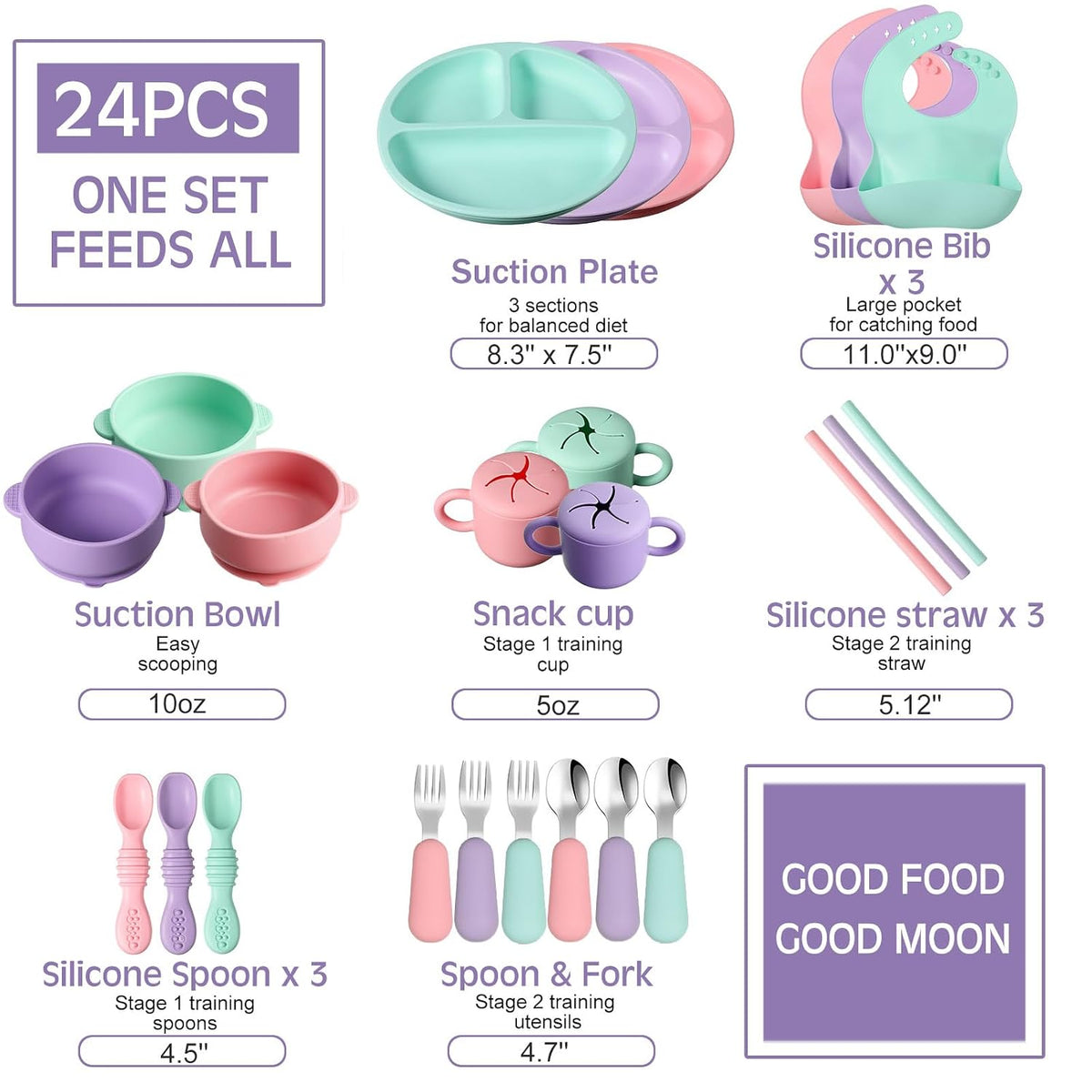 24 Pack Silicone Baby Feeding Set Baby LED Weaning Set, Lavender
