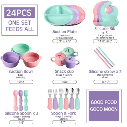 24 Pack Silicone Baby Feeding Set Baby LED Weaning Set, Lavender