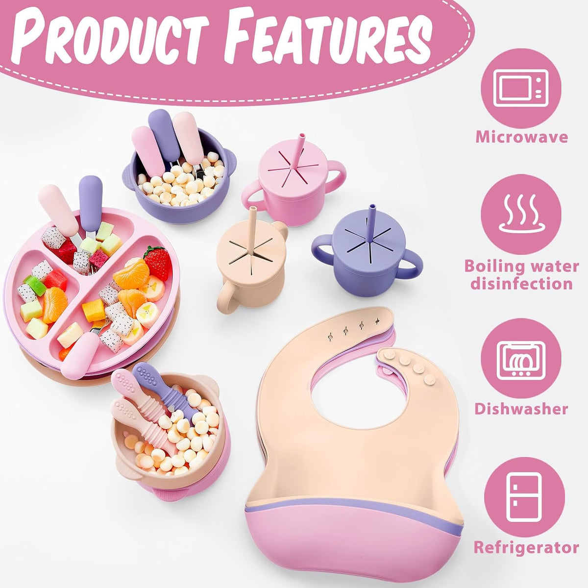 24 Pack Silicone Baby Feeding Set Baby LED Weaning Set, Lavender