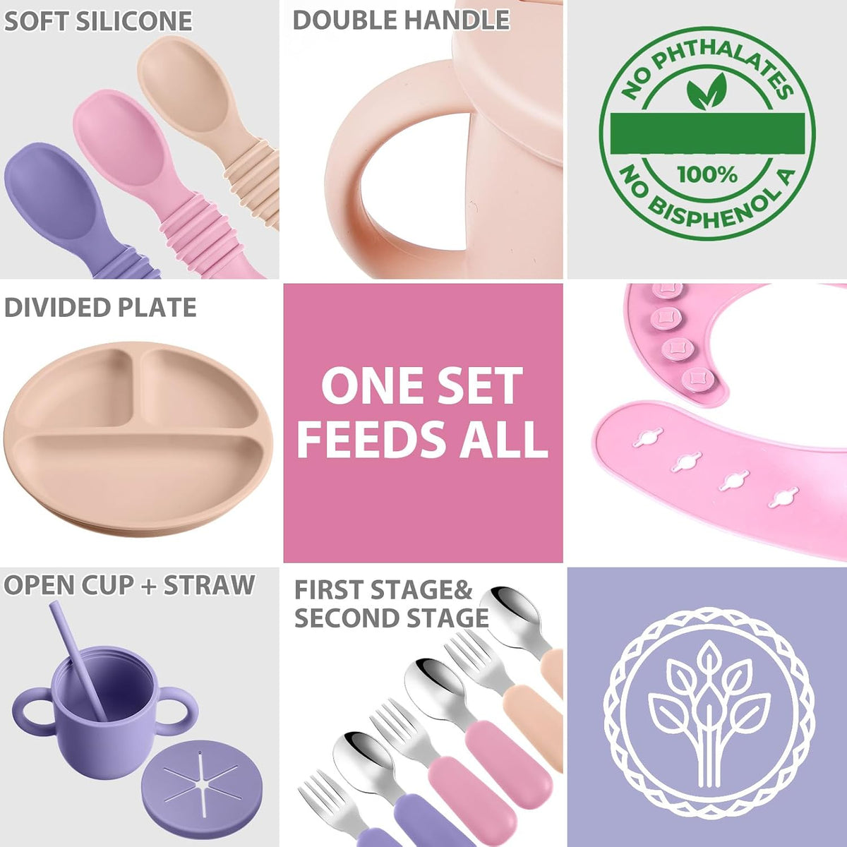24 Pack Silicone Baby Feeding Set Baby LED Weaning Set, Lavender