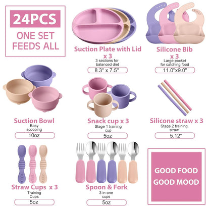 24 Pack Silicone Baby Feeding Set Baby LED Weaning Set, Lavender