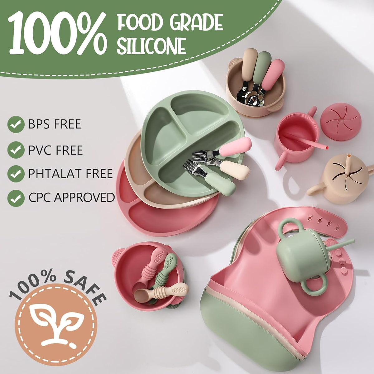 24 Pack Silicone Baby Feeding Set Baby LED Weaning Set, Lavender