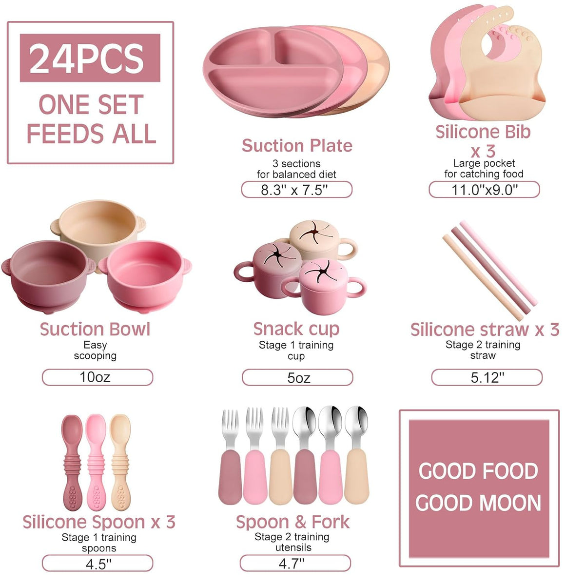 24 Pack Silicone Baby Feeding Set Baby LED Weaning Set, Lavender