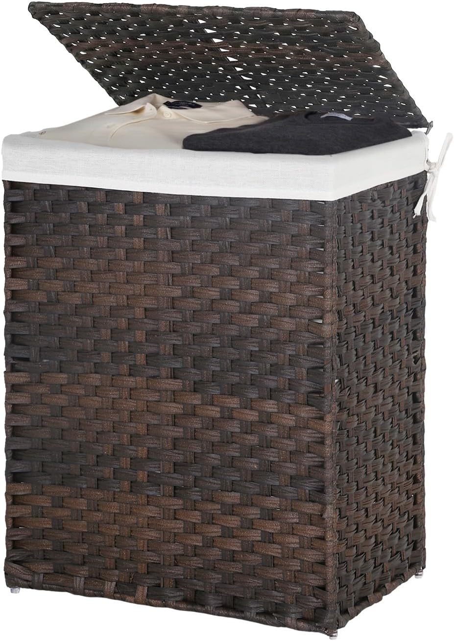 Handwoven Laundry Hamper with Lid, 110L Foldable Rattan Clothes Basket with 2 Removable Liners & 6 Mesh Laundry Bags for Bathroom Bedroom, Grey