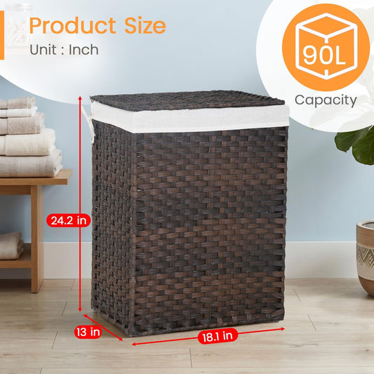 Handwoven Laundry Hamper with Lid, 110L Foldable Rattan Clothes Basket with 2 Removable Liners & 6 Mesh Laundry Bags for Bathroom Bedroom, Grey