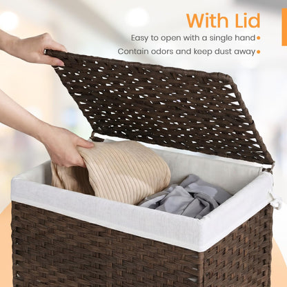 Handwoven Laundry Hamper with Lid, 110L Foldable Rattan Clothes Basket with 2 Removable Liners & 6 Mesh Laundry Bags for Bathroom Bedroom, Grey