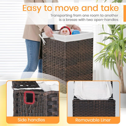 Handwoven Laundry Hamper with Lid, 110L Foldable Rattan Clothes Basket with 2 Removable Liners & 6 Mesh Laundry Bags for Bathroom Bedroom, Grey