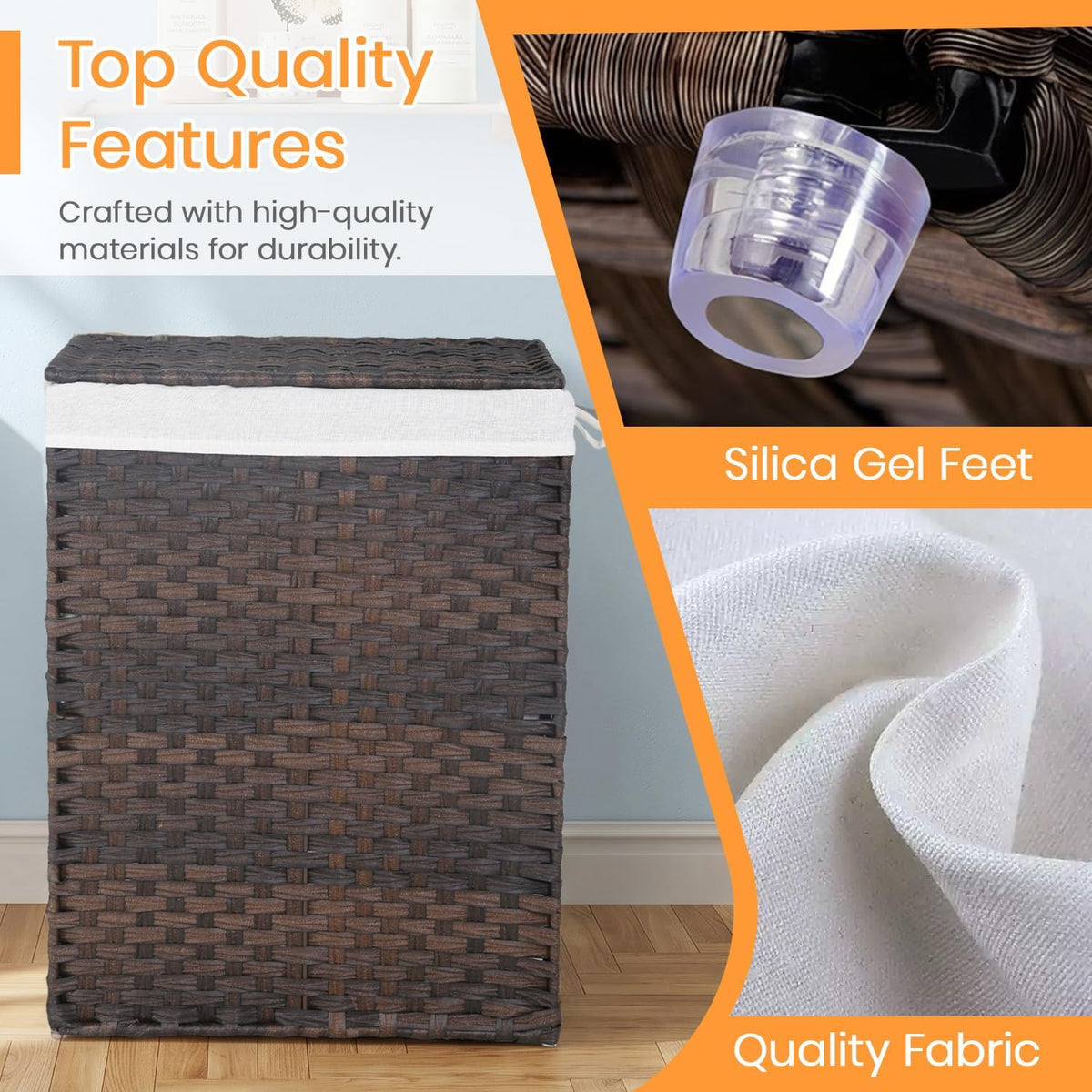 Handwoven Laundry Hamper with Lid, 110L Foldable Rattan Clothes Basket with 2 Removable Liners & 6 Mesh Laundry Bags for Bathroom Bedroom, Grey