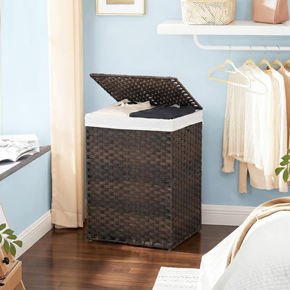 Handwoven Laundry Hamper with Lid, 110L Foldable Rattan Clothes Basket with 2 Removable Liners & 6 Mesh Laundry Bags for Bathroom Bedroom, Grey