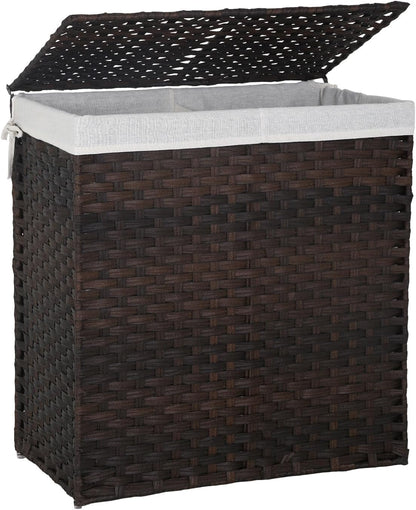 Handwoven Laundry Hamper with Lid, 110L Foldable Rattan Clothes Basket with 2 Removable Liners & 6 Mesh Laundry Bags for Bathroom Bedroom, Grey