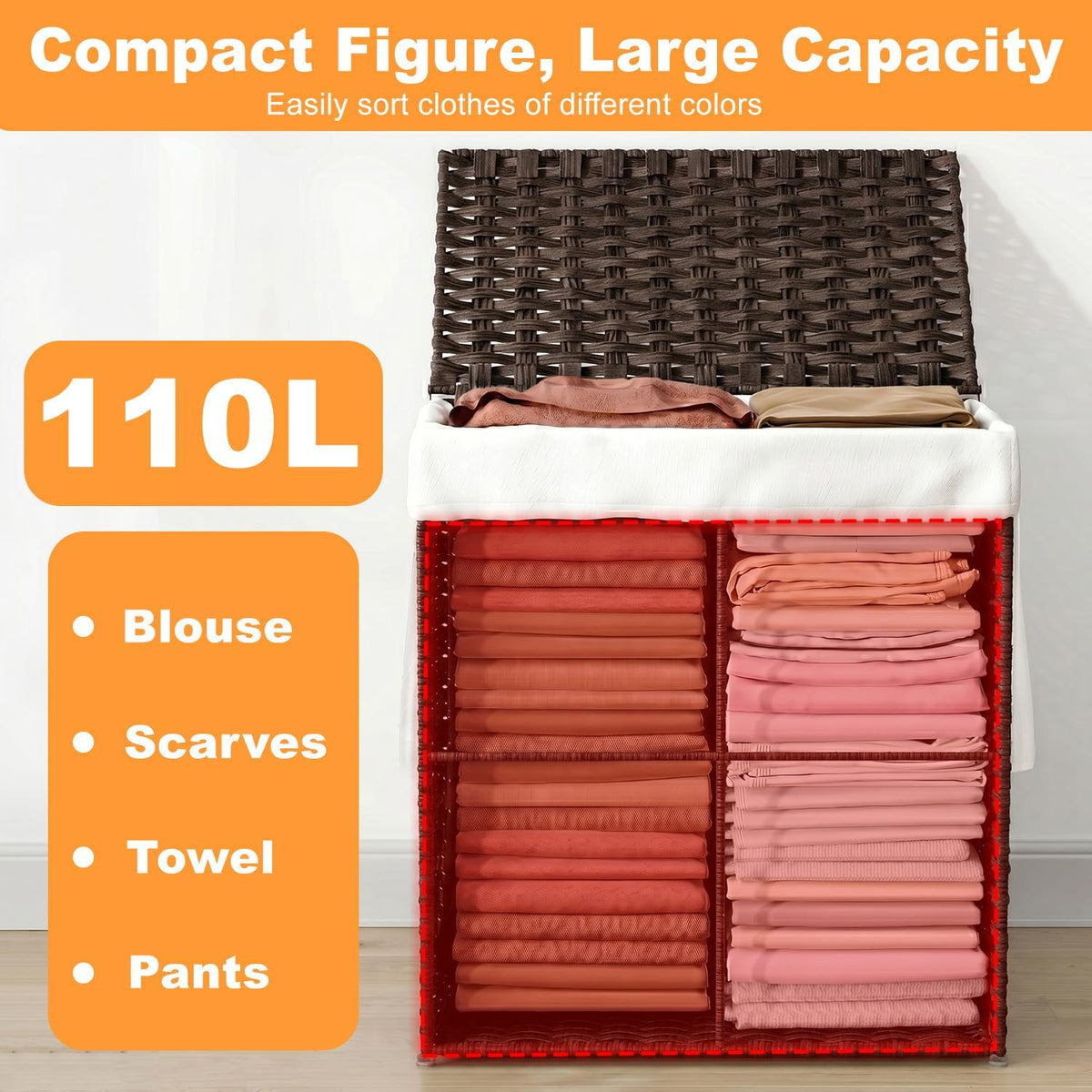 Handwoven Laundry Hamper with Lid, 110L Foldable Rattan Clothes Basket with 2 Removable Liners & 6 Mesh Laundry Bags for Bathroom Bedroom, Grey
