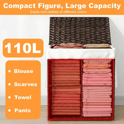 Handwoven Laundry Hamper with Lid, 110L Foldable Rattan Clothes Basket with 2 Removable Liners & 6 Mesh Laundry Bags for Bathroom Bedroom, Grey