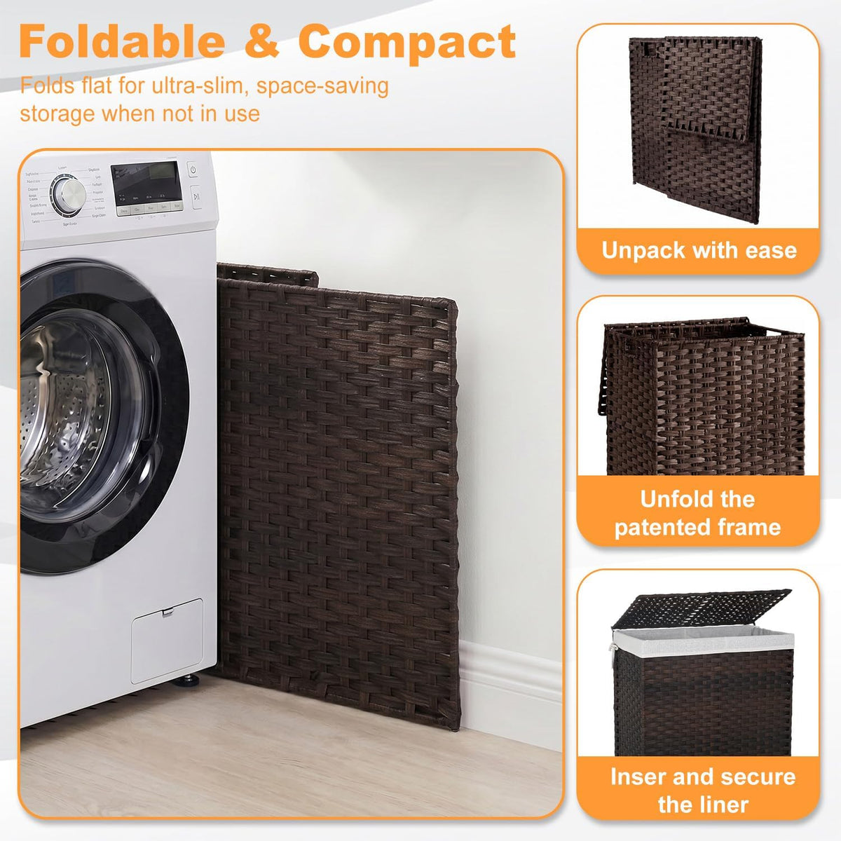 Handwoven Laundry Hamper with Lid, 110L Foldable Rattan Clothes Basket with 2 Removable Liners & 6 Mesh Laundry Bags for Bathroom Bedroom, Grey