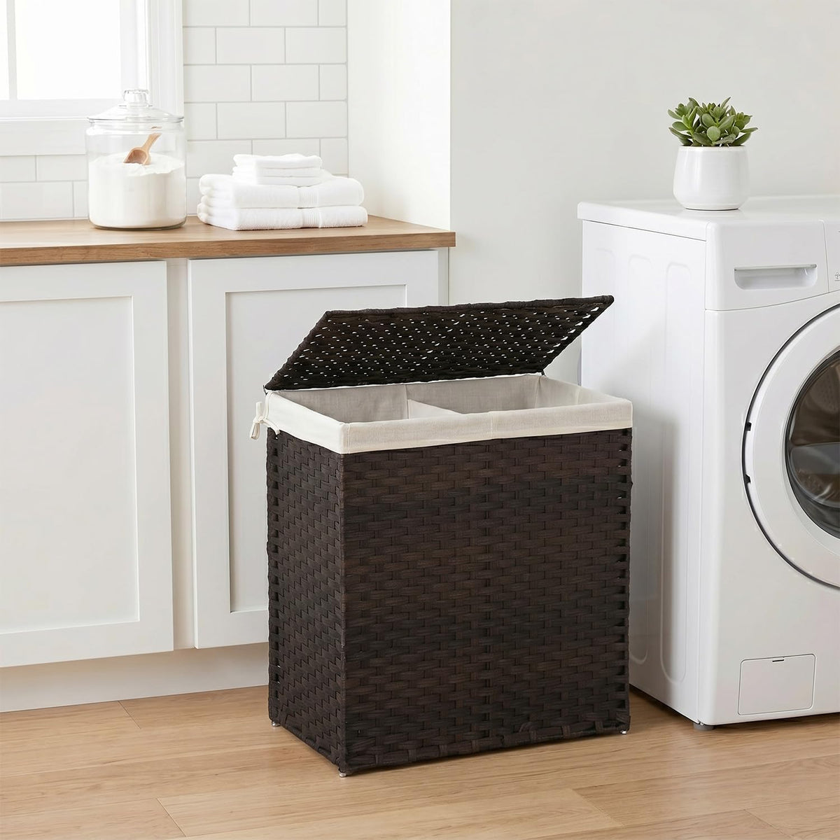 Handwoven Laundry Hamper with Lid, 110L Foldable Rattan Clothes Basket with 2 Removable Liners & 6 Mesh Laundry Bags for Bathroom Bedroom, Grey