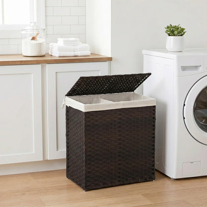Handwoven Laundry Hamper with Lid, 110L Foldable Rattan Clothes Basket with 2 Removable Liners & 6 Mesh Laundry Bags for Bathroom Bedroom, Grey
